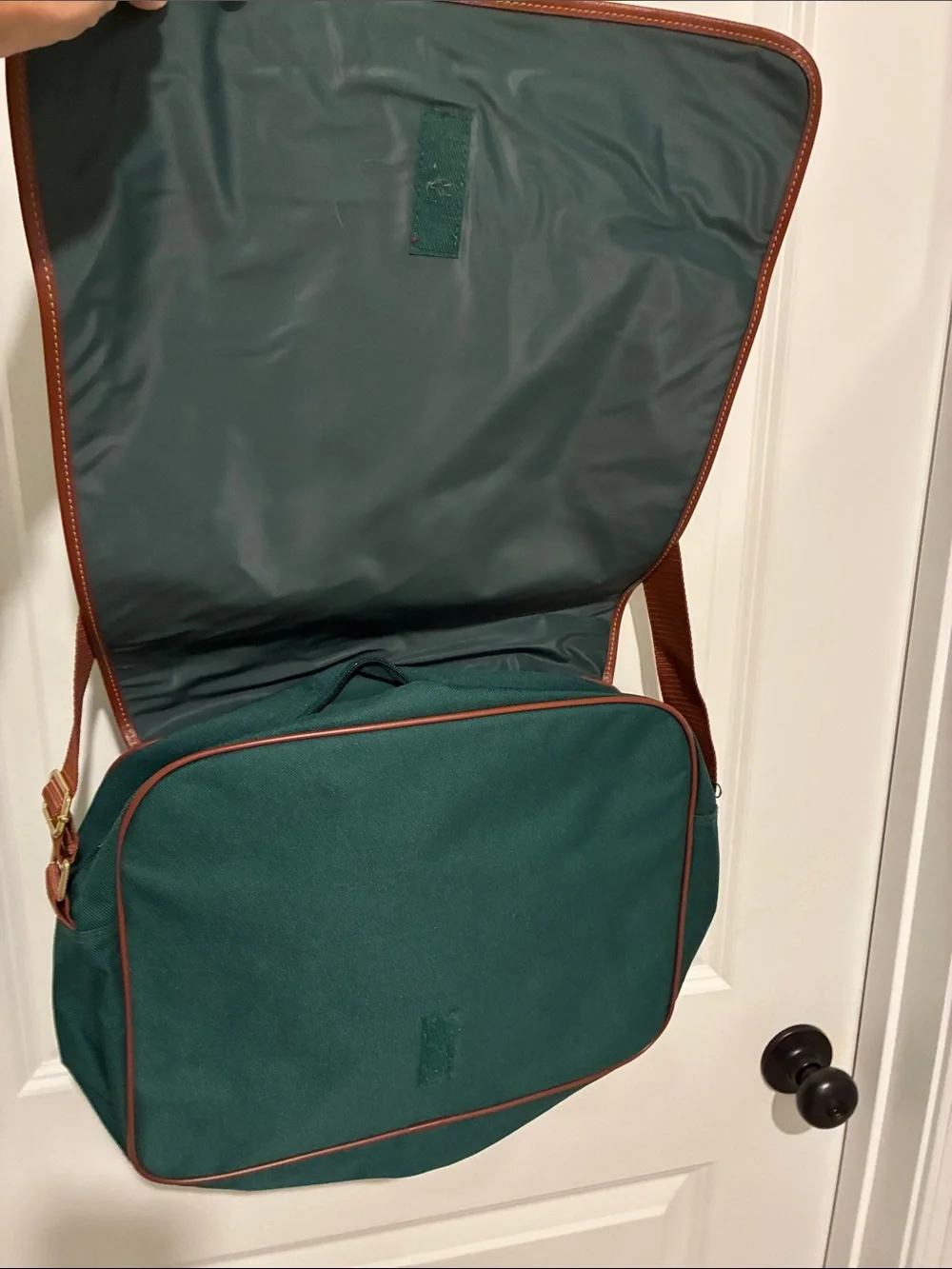 Men's Dark Green Canvas Messenger Bag with Brown Trim